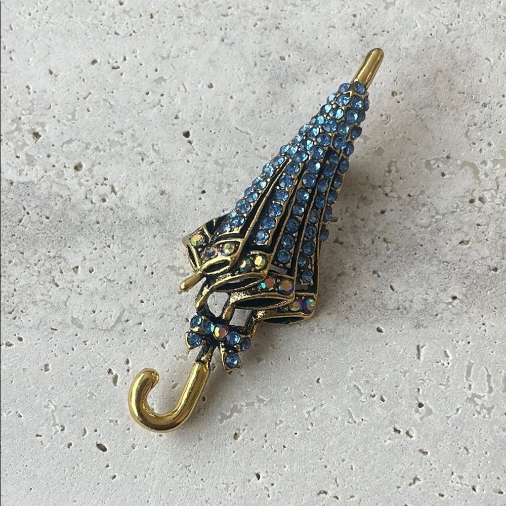 Blue and Gold Rhinestone Umbrella Brooch